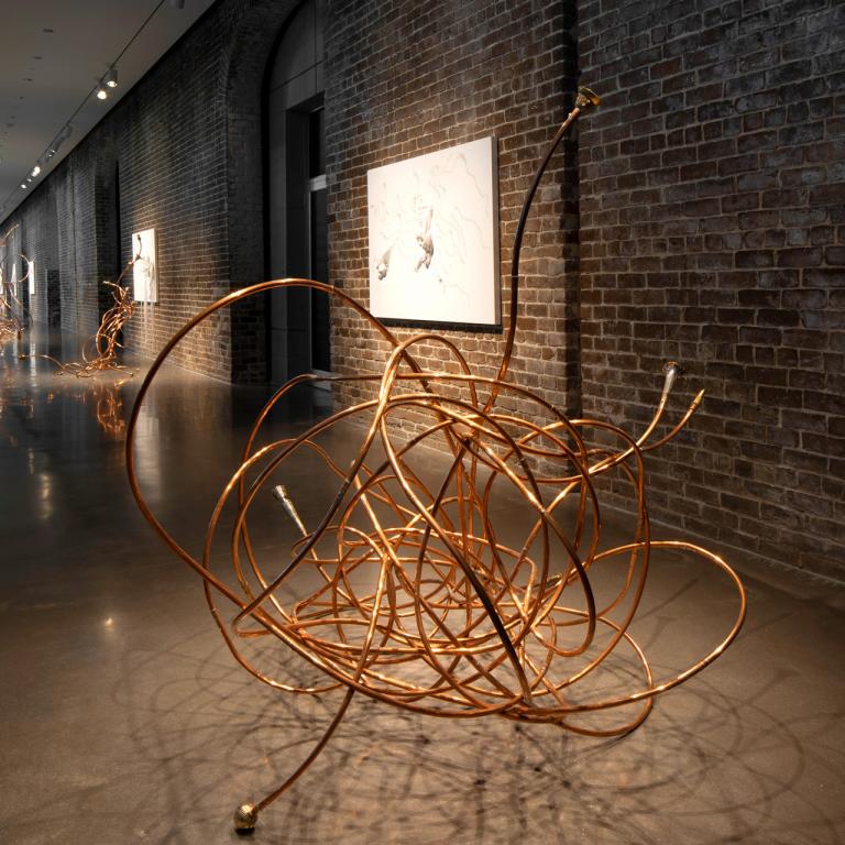 Installation view of Nicholas Hlobo exhibit at SCAD Museum of Art