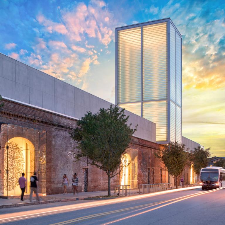 Exterior image of the SCAD Museum of Art at dusk