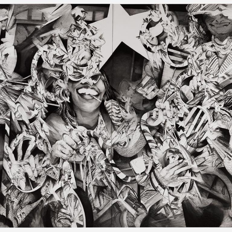 Anna Park, "Hero Mentality," 2021, charcoal on paper on panel, 72 x 120 in. © Anna Park. Courtesy of Kimberly and Ben Gould.