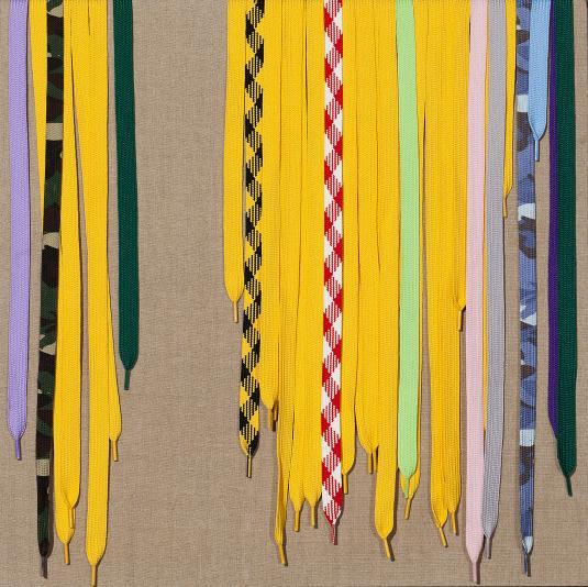 28" x 28" Fat shoelaces on linen in custom frame 2008
