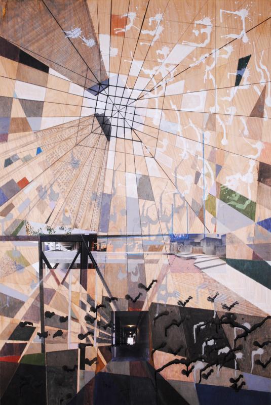 E. Bruce Phillips Jr., M.F.A., painting, 2002, "Skyscrapers and Dungeons," mixed media on board, 36" x 24", 2017. Courtesy of the artist.
