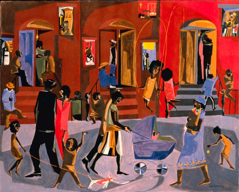 Jacob Lawrence, "Brownstones," detail, gouache on board, 31.5" x 73.25", 1958. Clark Atlanta University Art Museum; Gift of Chauncey and Catherine Waddell, WC45. © 2018 Jacob and Gwendolyn Knight Lawrence Foundation, Seattle/Artists Rights Society, New York.