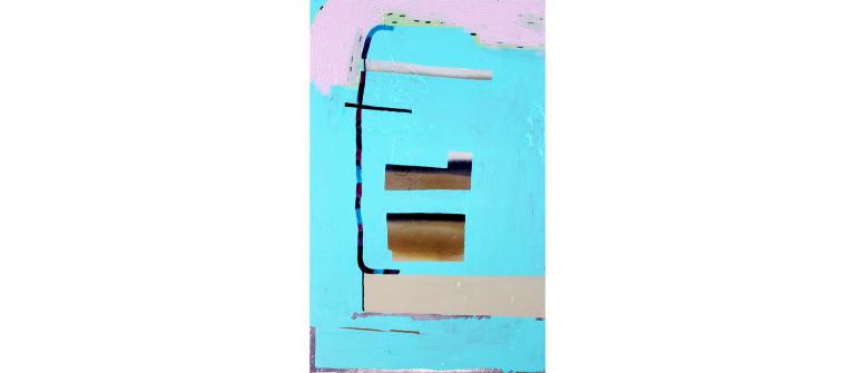Jane Winfield (M.F.A., painting, 2012), "Pool Party," latex house paint, acrylic and spray paint on wood panel, 38" x 24," 2016. Courtesy of the artist.