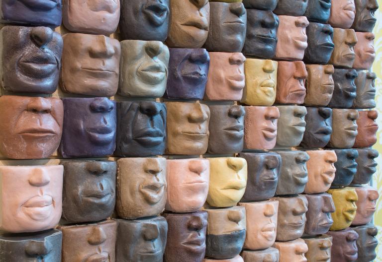 Masud Olufani, (M.F.A., sculpture, 2013), "Chorus of Memory," detail, resin and pigment on board and audio component, 2016. Image courtesy of Savannah College of Art and Design.