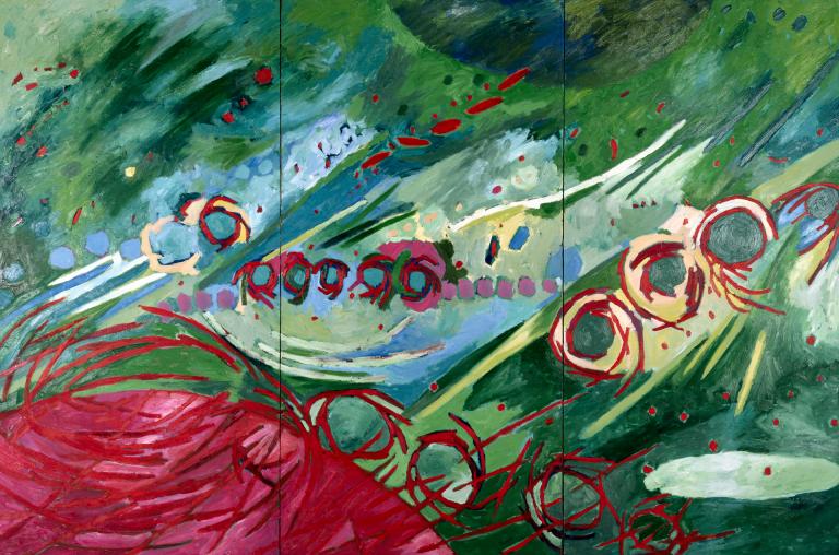 Mildred Thompson, “Music of the Spheres: Mercury,” oil on wood, 96" x 144", 1996. Image courtesy of the Mildred Thompson Estate.