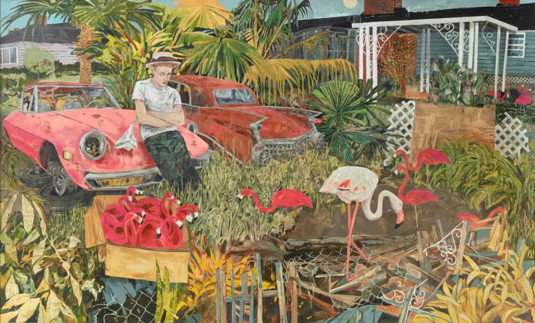 Hernan Bas, "Pink Plastic Lures," detail, acrylic on linen, 2016. Courtesy of the artist and Lehmann Maupin, New York and Hong Kong.