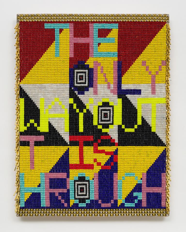 Jeffrey Gibson, “The Only Way Out Is Through,” glass beads, wool, canvas, artificial sinew, brass studs and brass cones over wood panel, 2015. Courtesy of MARC STRAUS Gallery, New York.