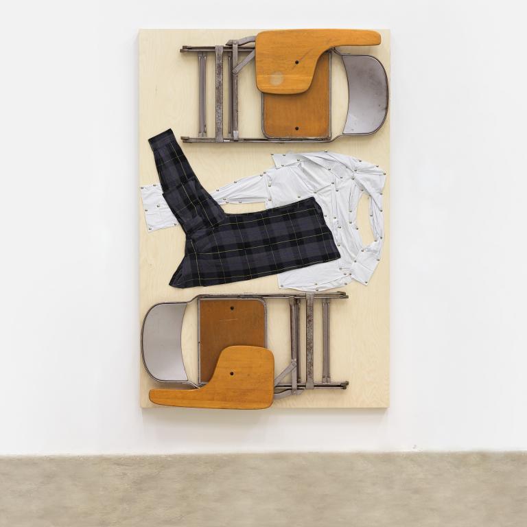 Tom Burr, "Fifteen Minutes with You," wood, steel school chairs, men's shirts, bolts and pushpins on plywood panel, 2013. Courtesy of Bortolami, New York.
