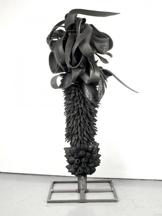 Chakaia Booker, "Hybrid," rubber tire and wood, 92.88" x 42.38" x 33", 2003. Courtesy of the artist.