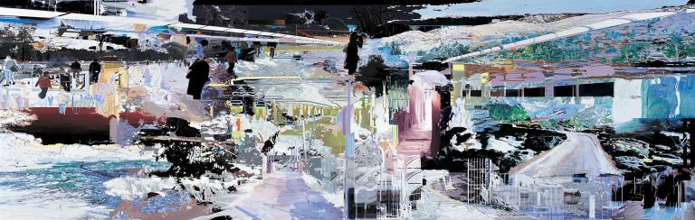 Corinne Wasmuht, “Here Today, Gone Tomorrow,” oil on wood 81.5” x 257”, 2007. Image courtesy of the artist and Petzel Gallery, New York.