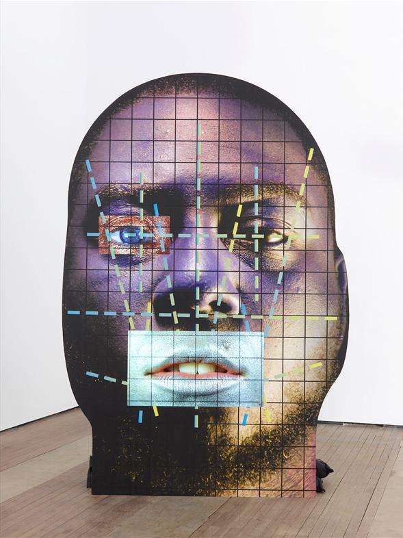 Tony Oursler, "CV(15)," wood, inkjet print, LCD screens, USB flash drives, sound performed by Jason Scott Henderson and Joanna Smolenski, 106" x 71.5" x 30.5", 2015. Courtesy of the artist and Lehmann Maupin, New York and Hong Kong.