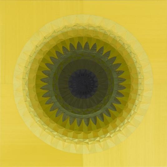 Angelo Filomeno, "Dream of Flies (yellow, black)," embroidery on silk shantung stretched over linen, 90" x 90", 2010. Private collection. Image courtesy of the artist and Galerie Lelong, New York.