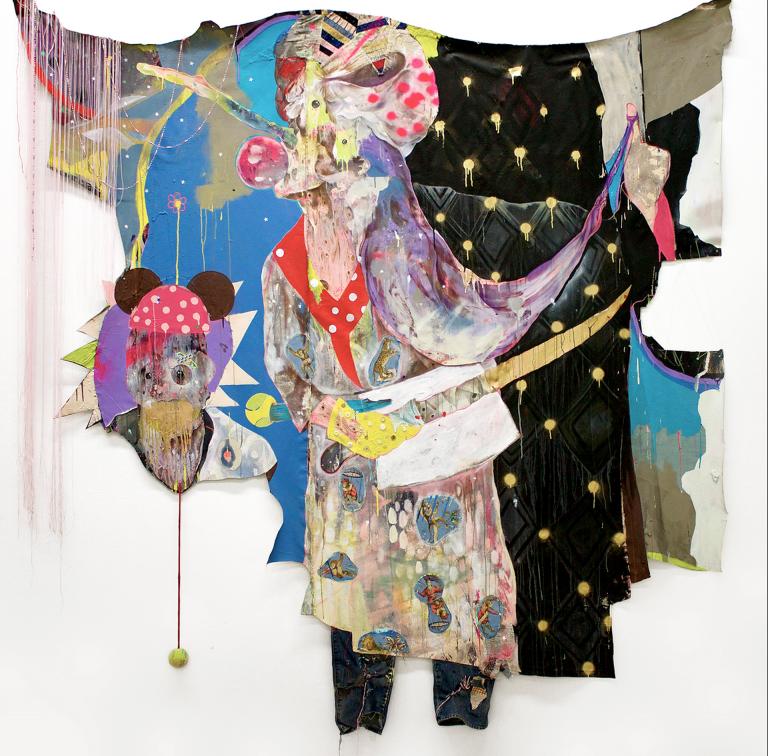 Lavar Munroe, “Pinocchio’s Half Sister,” 2014, acrylic, spray paint, latex house paint, fabric paint, tennis ball, rope, buttons, staples, Band-Aids, jeans, thread and found fabric on cut canvas. Image courtesy of the artist and NOMAD Gallery, Brussels, Belgium.
