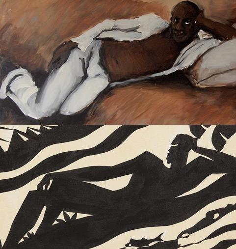 Lynette Yiadom-Boakye, "Pas a Cote de N'importe Ou," oil on canvas, 63" x 70" x 7/8", 2010. Collection of Susan and Tim Frautschi. Image courtesy of the artist and Jack Shainman Gallery, New York. Aaron Douglas, "The Negro Speaks of Rivers (For Langston Hughes)," pen and ink on paper, 5.5" x 11", 1941. SCAD Museum of Art Permanent Collection. Gift of Dr. Walter O. Evans and Mrs. Linda J. Evans.