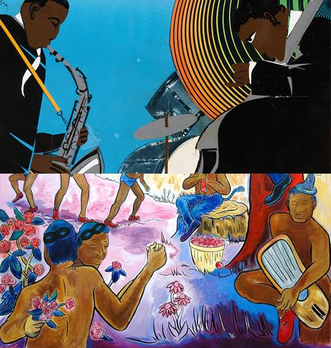 Romare Bearden, Jazz Rhapsody, collage on board, 8.5" x11", 1982. Gift of Dr. Walter O. Evans and Mrs. Linda J. Evans. John Bankston, Music (after Jess), oil on linen, 72" x 96", 2005. Collection of the Fine Arts Museums of San Francisco. Image courtesy of the artist and Rena Bransten Gallery, San Francisco, California. Romare Bearden, Jazz Rhapsody, collage on board, 8.5" x11", 1982. Gift of Dr. Walter O. Evans and Mrs. Linda J. Evans. John Bankston, Music (after Jess), oil on linen, 72" x 96", 2005. Collection of the Fine Arts Museums of San Francisco. Image courtesy of the artist and Rena Bransten Gallery, San Francisco, California.