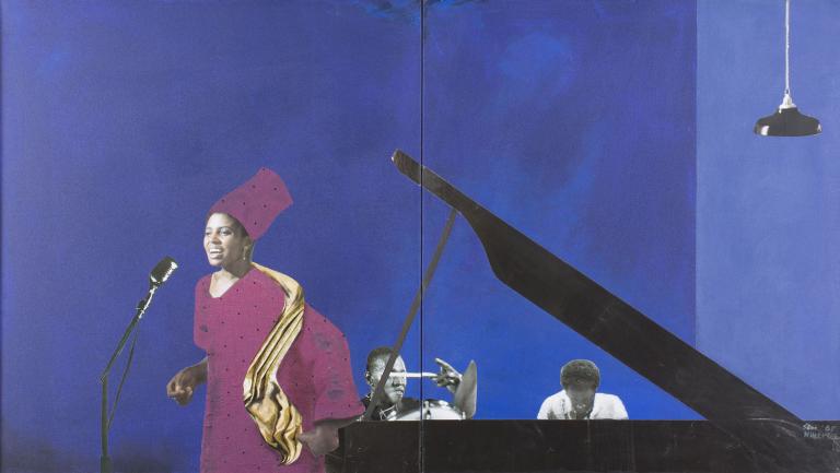 Sam Nhlengethwa, "Miriam Makeba Live in New York," mixed media on canvas, 2005. Private collection.