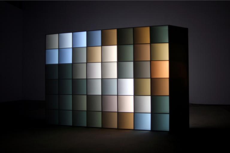 Shin il Kim, “Active Anesthesia — The Full of Square,” 2007. Video projector, DVD player, rear projection screen, aluminum structure. 60 minutes, looping. Courtesy of the artist and Gallery Simon in Seoul.