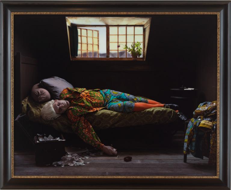 Yinka Shonibare, MBE, "Fake Death Picture (The Death of Chatterton - Henry Wallis)", digital chromogenic print, 58 5.63" x 71.25" (framed), 2011. Edition of 5.
