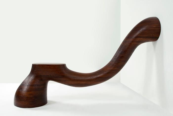 Wendell Castle, "Wall Table No. 16," stack-laminated afromosia wood, signed WC 69, 81" x 17.5" x 50", 1969. Photograph by Sherry Griffin. Courtesy of R 20th Century, New York.
