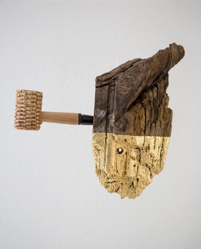FOS, "Future Pipe," 2017, wood, gold, pipe 12 x 19 x 6 cm. / 4.72 x 7.48 x 2.36 in. Courtesy of the artist and Nils Stærk Gallery, Copenhagen
