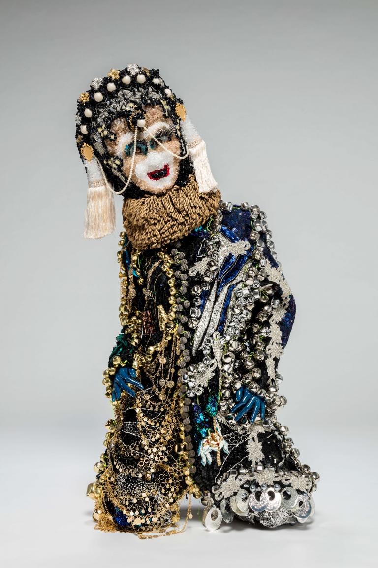 Raúl de Nieves, "Fina Beauty," vintage military suit, sequins, metal bells, thread, glue, cardboard, plastic beads, tape, trim, and mannequin, dimensions variable, 2019. Image courtesy the artist and Company Gallery, New York. Signature image for Raul de Nieves exhibition