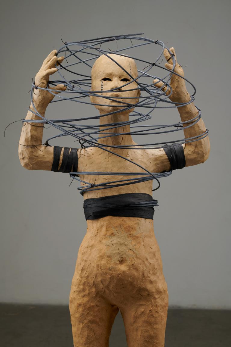 Rose B. Simpson, “Conjure” (detail), 2020, ceramic, reed, steel, leather, and wax thread, 38 x 15 x 11 in. Courtesy of the artist and Jessica Silverman. Signature image for Rose B. Simpson exhibition