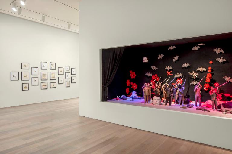Installation views of Marcel Dzama exhibit at SCAD Museum