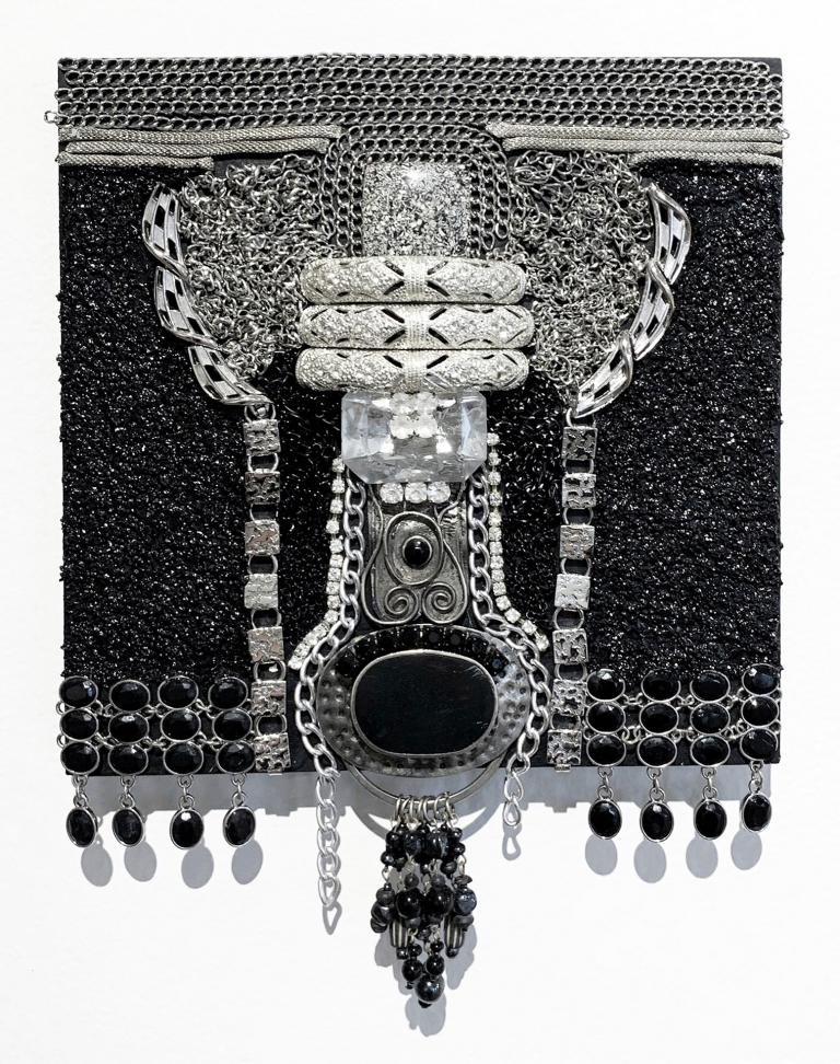 Monica Cioppettini, "Cadillac," 2020, costume jewelry, silver chain, and glass bead medium on panel, 8 x 8 in. Signature image for Monica Cioppettini exhibition
