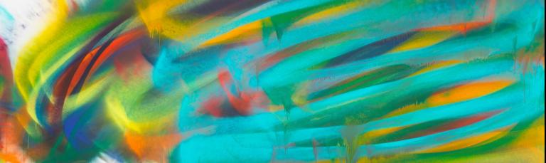 Katharina Grosse, "Untitled," 2021, acrylic on canvas, 117 3/4 x 387 in. © 2022 Katharina Grosse and VG Bild-Kunst, Bonn. Courtesy of Gagosian. Photo by Jens Ziehe. Signature image for Katharina Grosse exhibition
