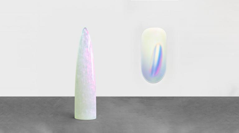 Gisela Colón, "Parabolic Monolith (Supernova)," 2022, aurora particles, stardust, cosmic radiation, intergalactic matter, ionic waves, organic carbamate, gravity, and time (left), and "Ultra Spheroid (Lyra)," 2022, blow-molded acrylic, 90 x 42 x 12 in. (right). Courtesy of the artist and Gavlak Gallery. Signature image for Gisela colon exhibition