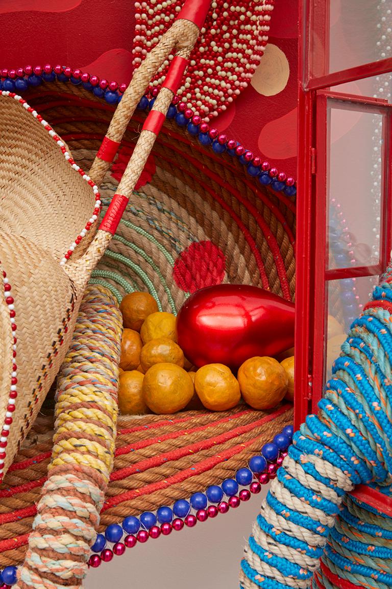 Maria Nepomuceno, "Out of the window 3" (detail), 2021, rope, beads, clay, straw, resin, wood, glass, and iron, 82 5/8 x 59 1/8 x 29 1/2 in. Courtesy of the artist and Sikkema Jenkins & Co. Signature image for Maria Nepomuceno exhibition