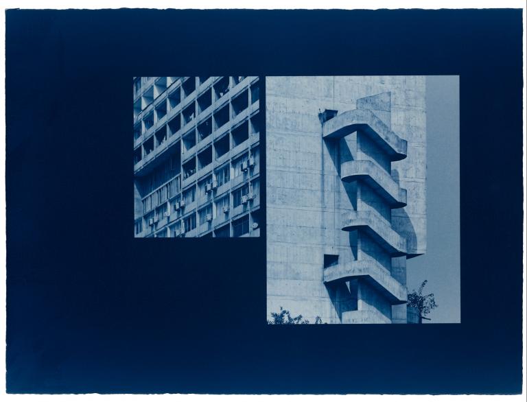 Seher Shah and Randhir Singh, "Studies in Form, Akbar Bhavan (#11)," 2018, cyanotype print on Arches Aquarelle paper, edition of 5, 22 x 30 in. Courtesy of the artists and Green Art Gallery, Dubai. Signature image for Seher Shah and Randhir Singh exhibition
