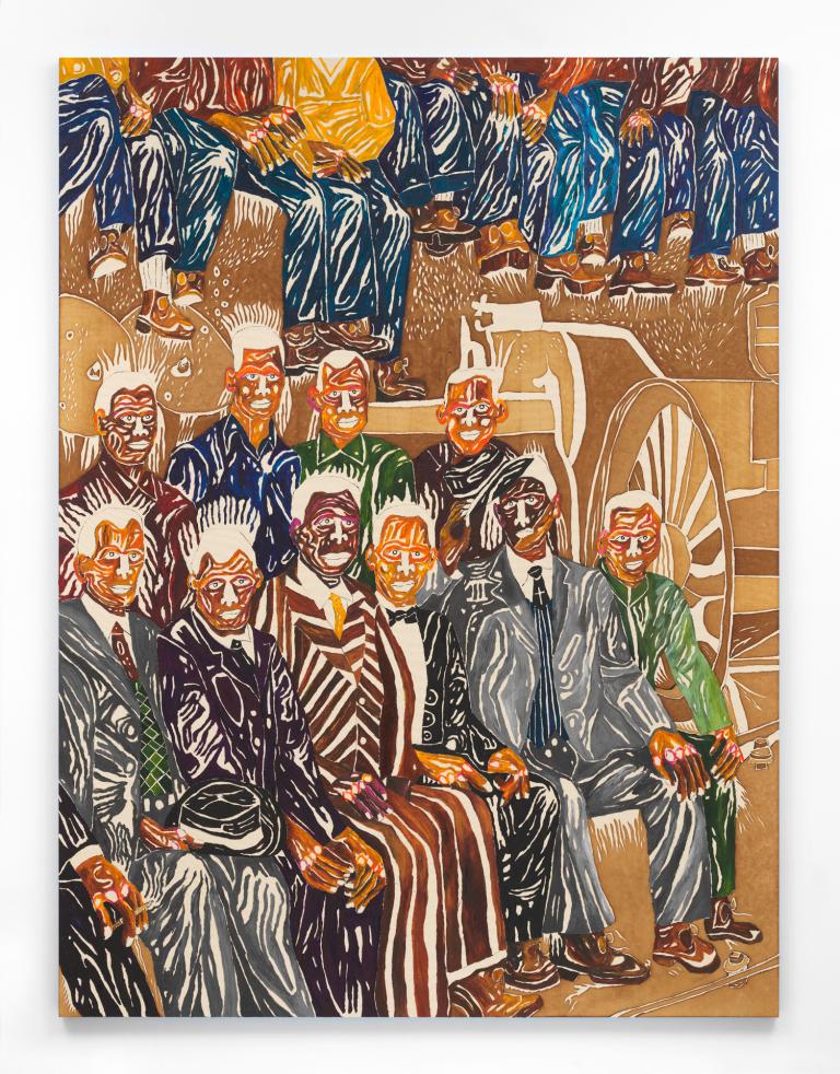 Chase Hall, "Hall & Sons Train Company," 2022, acrylic and coffee on cotton canvas, 96 1/4 x 72 1/8 x 1 1/4 in. Courtesy of the artist and David Kordansky Gallery. signature image for Chase Hall exhibition