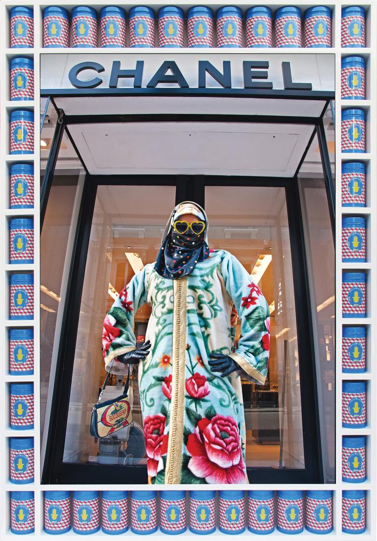 Hassan Hajjaj, "Naabz Chanel," 2012/1433, metallic Lambda on 3mm Dibond in poplar sprayed white frame, 38 x 56 1/2 x 3 in., edition of 7. Courtesy of the artist and Yossi Milo Gallery, New York. © Hassan Hajjaj. Signature image for Hassan Hajjaj exhibition