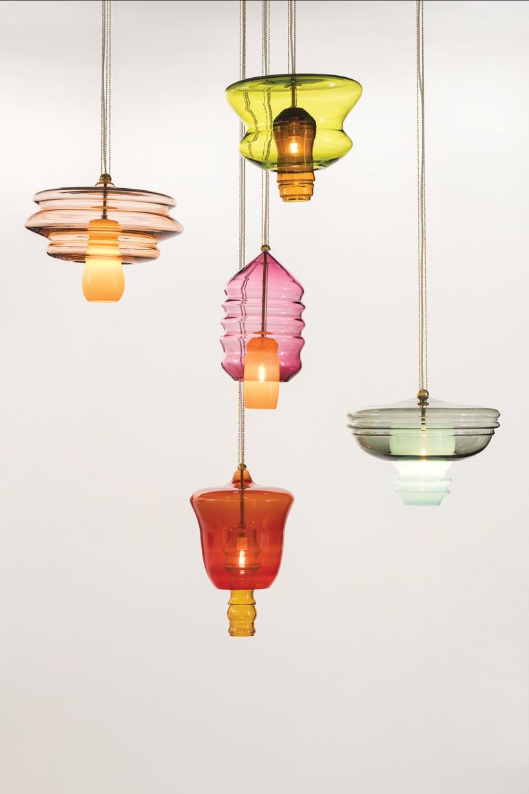 Jorge Pardo, "Untitled," 2022, set of five lamps: glass and hardware, dimensions variable. Courtesy of the artist and Petzel, New York. Signature image for Jorge Pardo exhibition