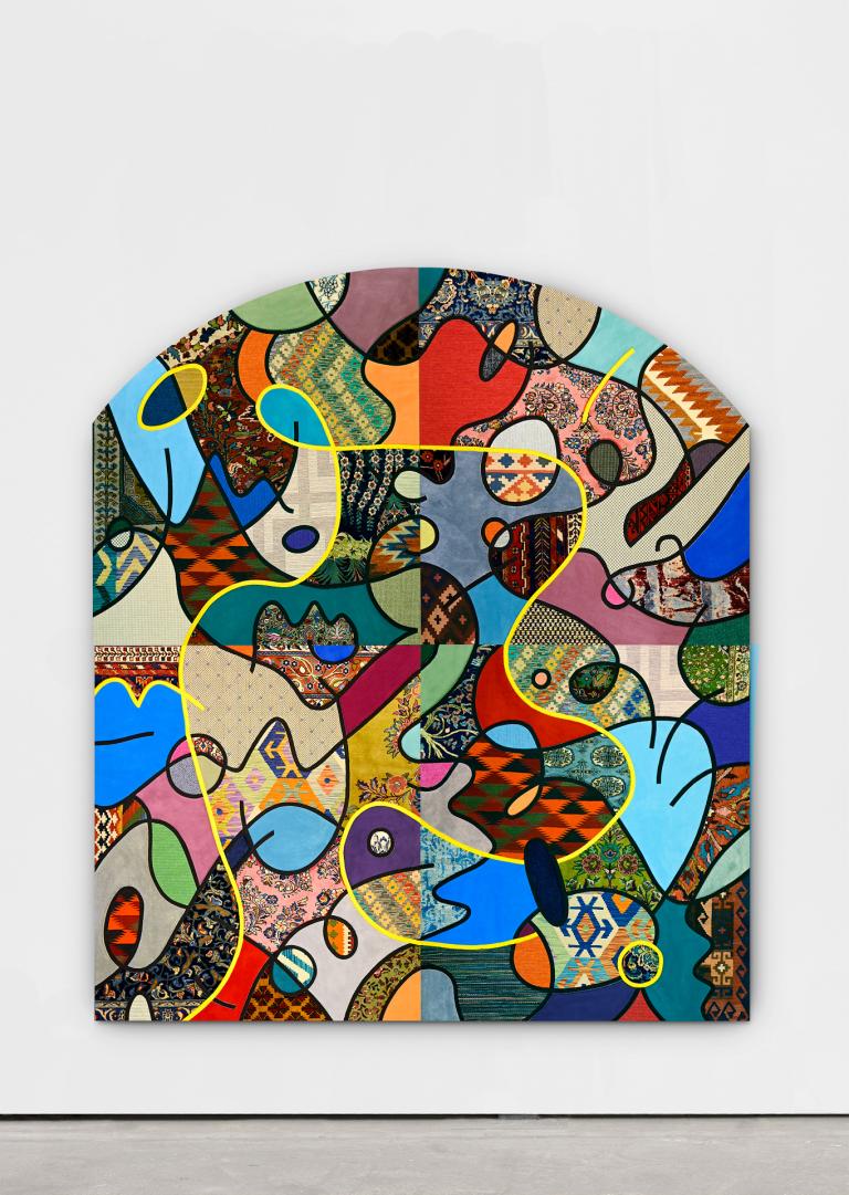 Nevin Aladağ, "Social Fabric, Arch," 2023, carpet pieces on wood, four parts: 10 ft., 3 in. tall x 8 ft., 10 7/8 in. wide overall. Courtesy of the artist, Wentrup, Berlin, and Galerie Krinzinger, Vienna. Photo by Paul Bendau. signature image for Nevin Aladag exhibition