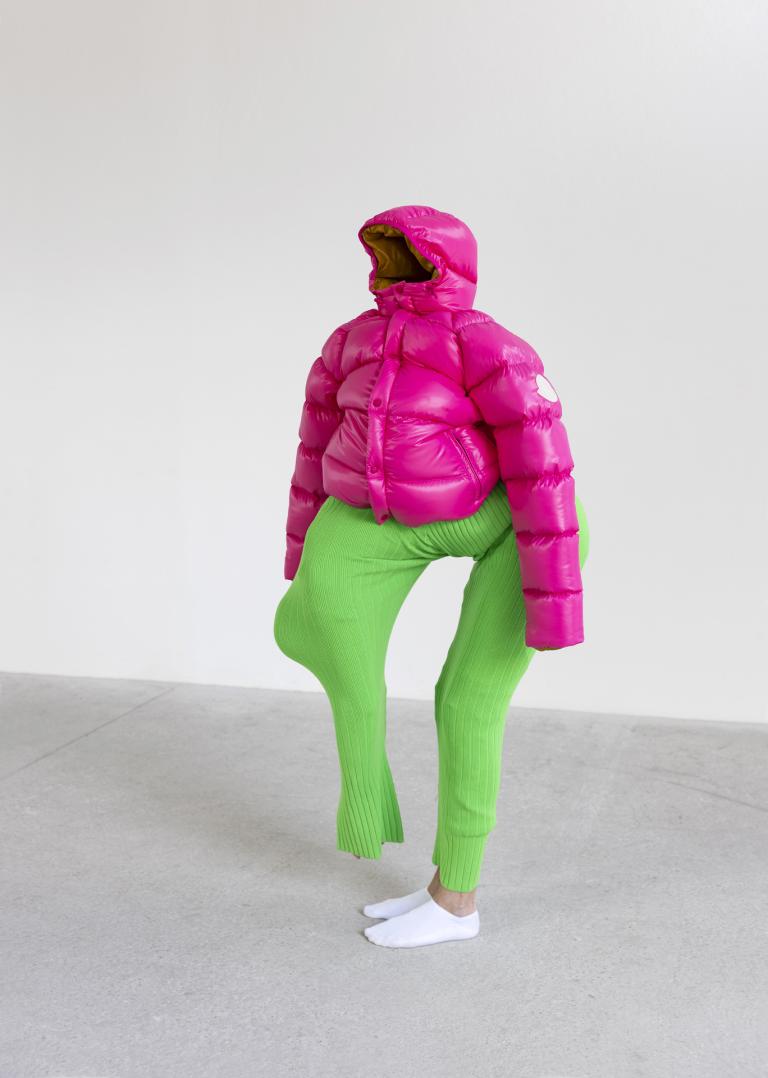Erwin Wurm, "Moncler," 2021, archival pigment print, 78 3/4 x 52 1/2 in. Courtesy of the artist and Lehmann Maupin, New York, Hong Kong, Seoul, and London. Signature image for Erwin Wurm exhibition