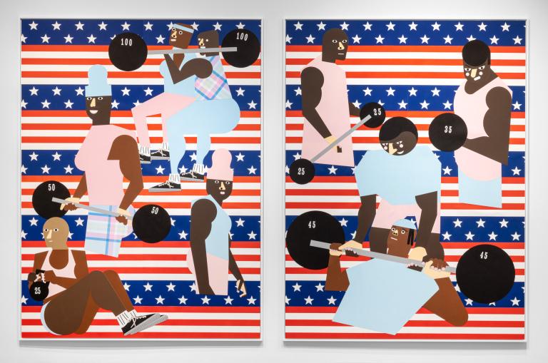 Nina Chanel Abney, "Pump," 2022, collage on panel, diptych: 96 x 72 in. each. Courtesy of the artist, Jack Shainman Gallery, New York, and Pace Prints, New York. Nina Chanel Abney signature image