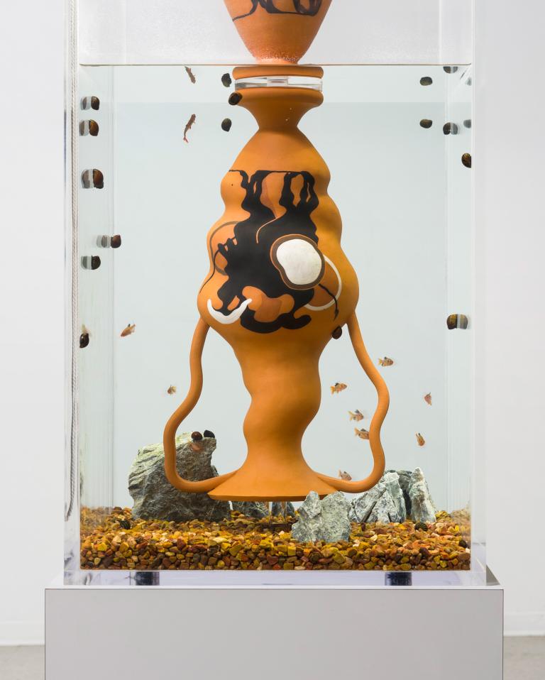 Cammie Staros, "Pascina reflexionis" (detail), 2022, ceramic, acrylic, wood, laminate, powder-coated steel, water, aquatic filtration system, grow light, and seiryu stone, 76 x 22 x 22 in. Courtesy of the artist and Shulamit Nazarian, Los Angeles. Signature image for Cammie Staros exhibition