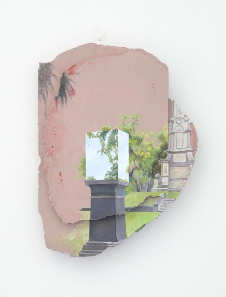Iván Argote, "Mirage (Savannah, Forsyth Park)," 2023, oil on concrete, 19 1/2 x 14 1/2 x 2 1/8 in. Courtesy of the artist and Perrotin. Signature image for Ivan Argote exhibition