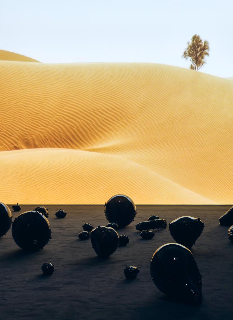Monira Al Qadiri, installation view of "Holy Quarter" at Haus der Kunst, 2020, single-channel video and glass sculptures, dimensions variable. Courtesy of the artist. © Monira Al Qadiri. Photo by Maximilian Geuter. signature image for Al Qadiri exhibition