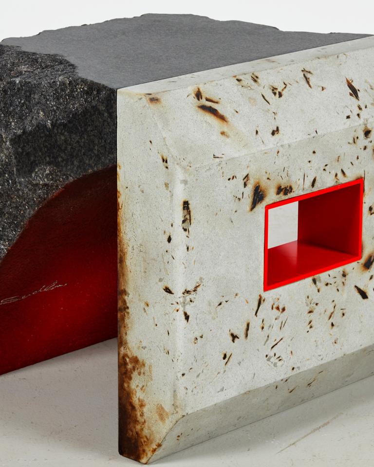 Samuel Ross, "BIRTH AT DAWN" (detail), 2022, Nero Africa granite, glass fiber reinforced concrete, fired oriented strand board (OSB), fired honey and milk patina, painted steel, and polyurethane, 16 1/2 x 17 x 17 1/2 in., edition of 8 + 4 artist's proofs. Courtesy of the artist and Friedman Benda. signature image for Samuel Ross exhibition