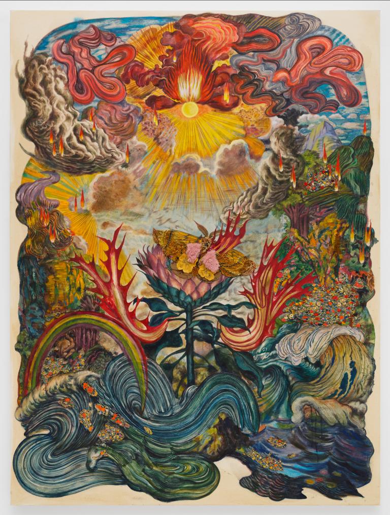 Ken Gun Min, "Xochipillia (Moth in the Murder Lake)," 2023, Korean pearl pigment, beads, crystals, silk thread embroidery, wax, and oil paint on canvas, 80 x 60 in. Collection of David Bolger. signature image for Ken Gun Min exhibition