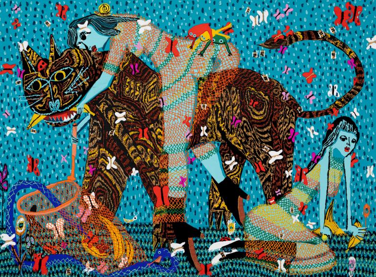 Summer Wheat, M.F.A., painting, 2005, "Tiger with Banana," 2025, acrylic paint and gouache on aluminum mesh, 68 x 94 in. Courtesy of the artist and Nazarian / Curcio. signature image for Summer Wheat exhibition