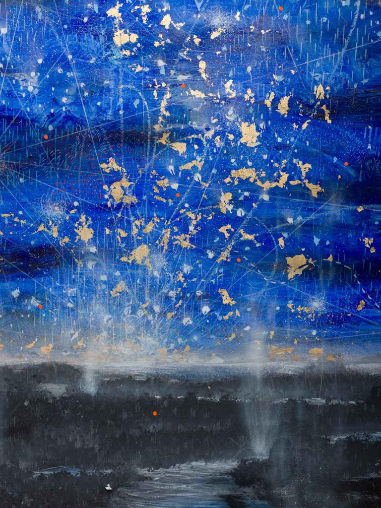Michi Meko, "You Good? Signal Fire," 2024, acrylic, aerosol, gouache, oil pastel, color pencil, gold leaf, and glitter on Fabriano paper, 72 x 55 1/2 in. Courtesy of the artist and Mariane Ibrahim Chicago / Paris / Mexico City. Michi Meko artwork